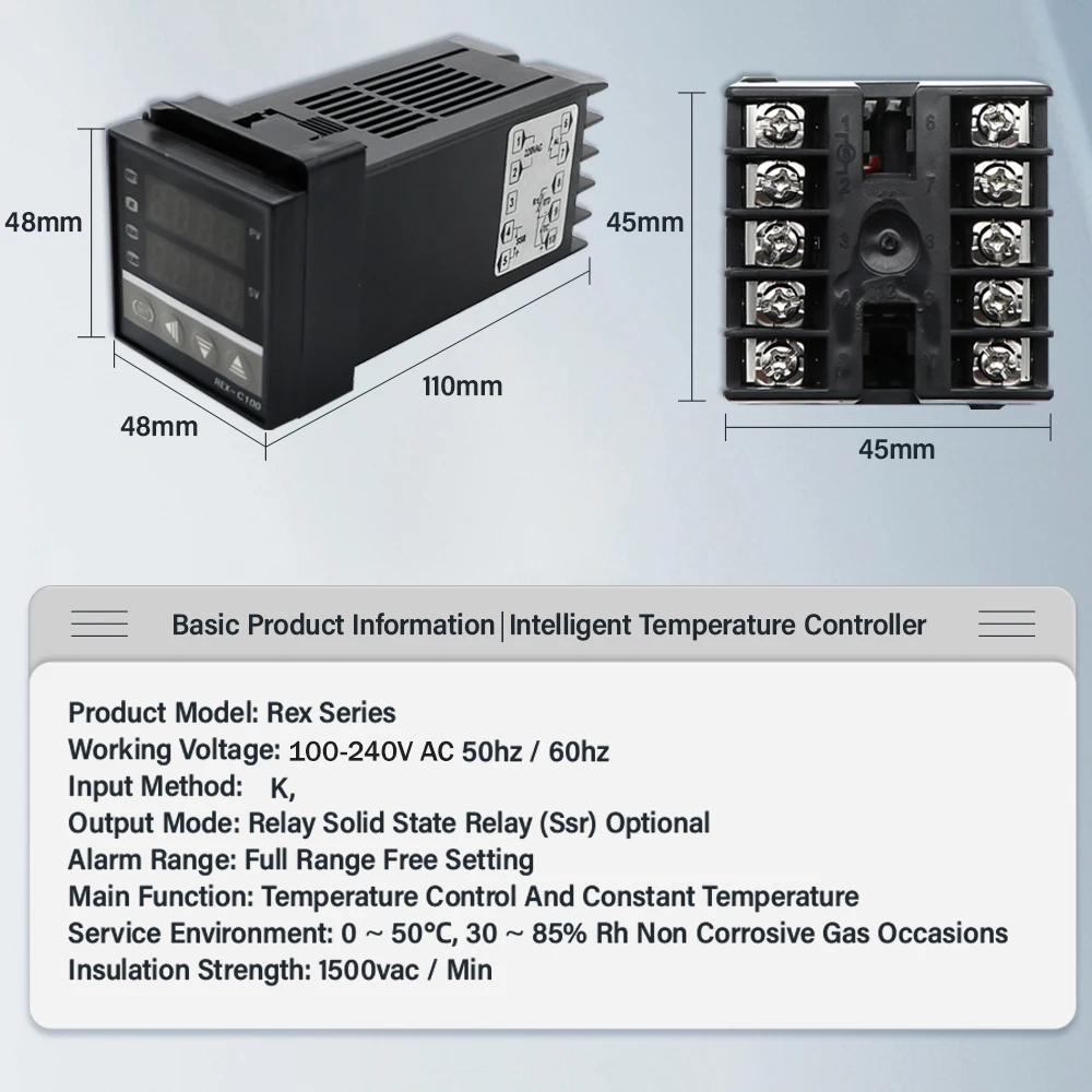 Digital PID Temperature Controller Thermostat REX-C100 + Max 40A SSR SSR-40DA Relay + K Thermocouple M6 1M Probe with Heat Sink