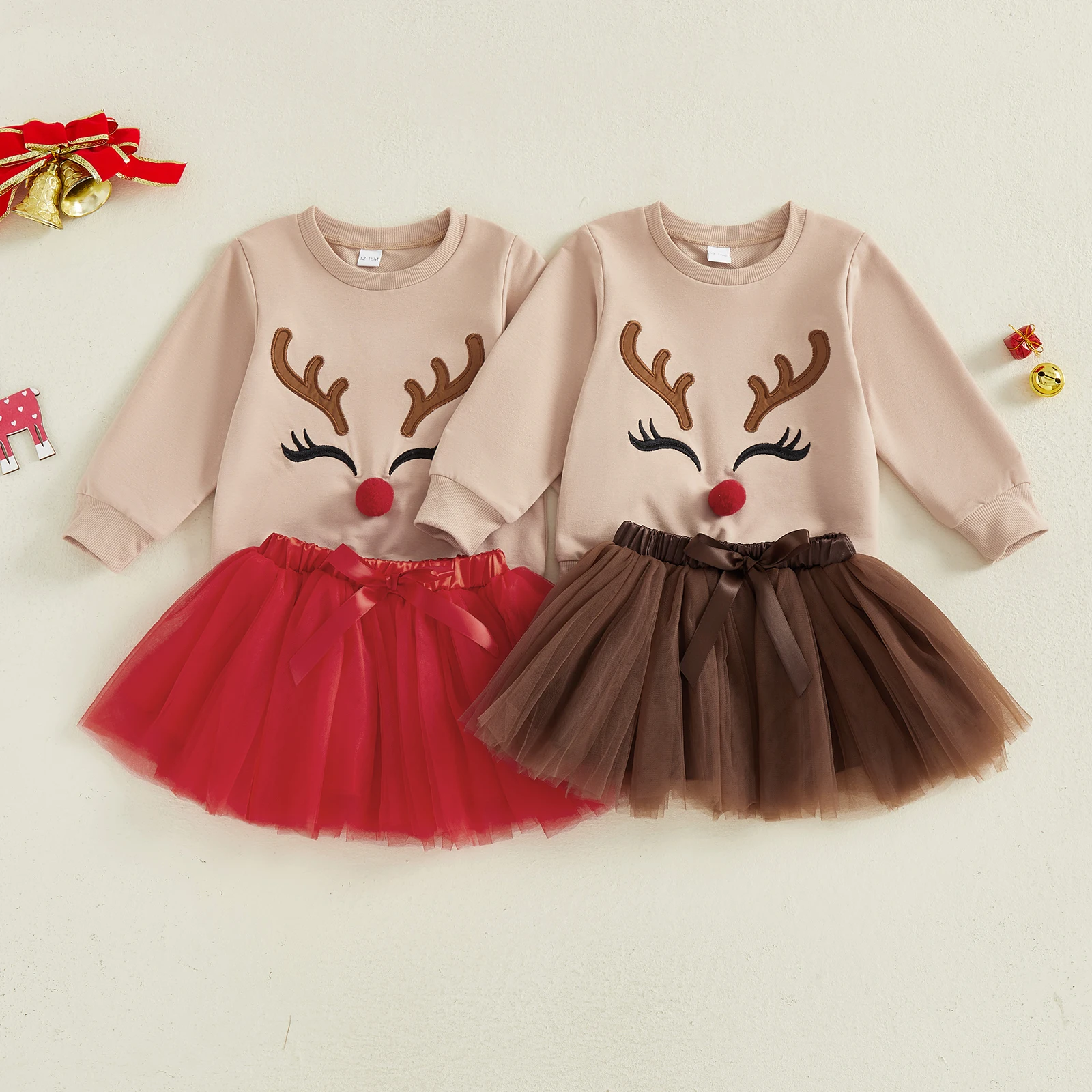 1-5Y Cute Toddler Little Girl Christmas Outfit Reindeer Long Sleeve Sweatshirt Tulle Skirt 2 Piece Set Costume