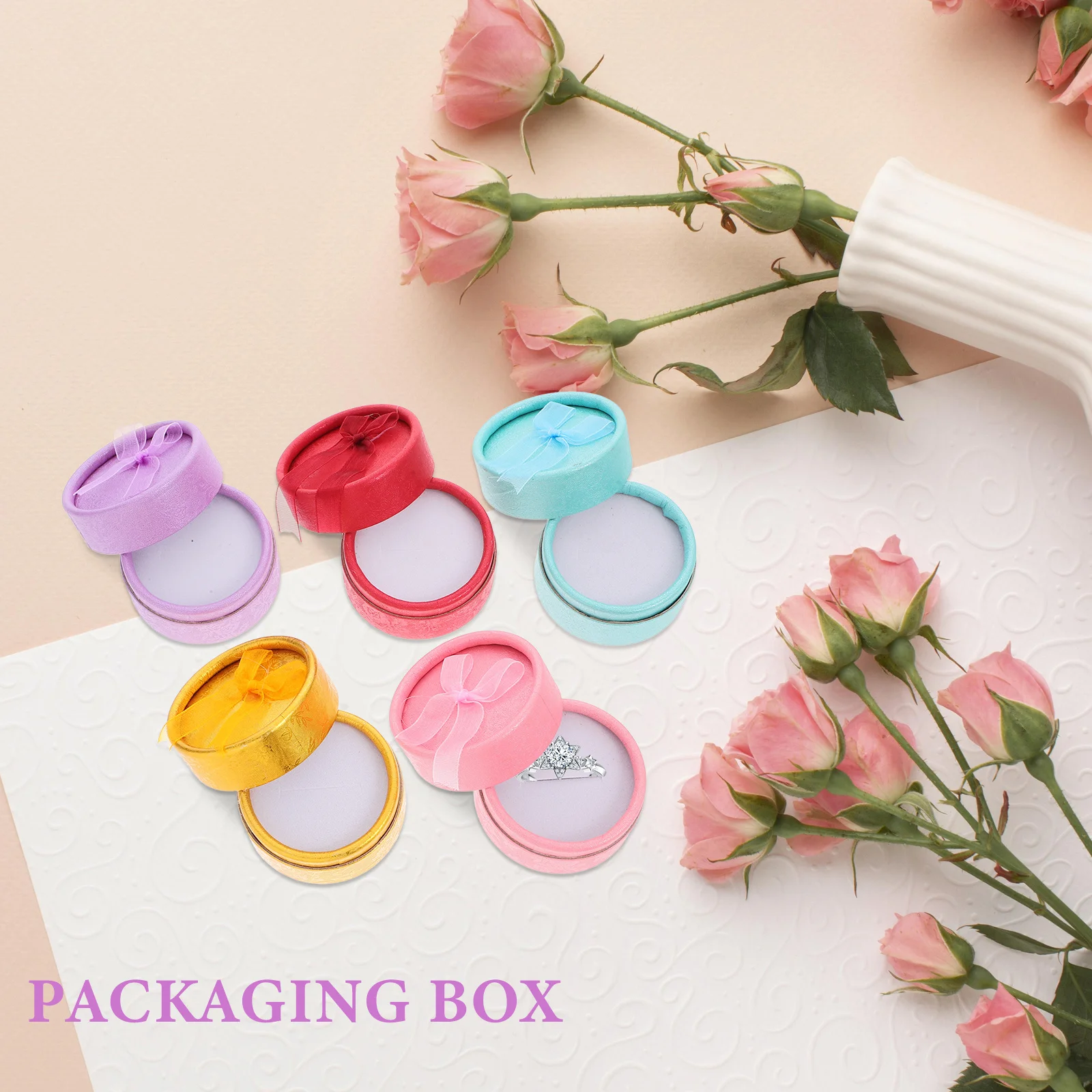 

5Pcs Round Jewelry Gift Box Set Size S Durable Paperboard Material Bowknot Decor for Finger Ring Earring Storage Organizing