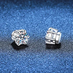JOIAS HOME S925 Sterling Silver Hole Magnetic Classic 6-claw Ear-studs 1CT Moissanite Earrings for Women Cool Man's Ear Jewelry