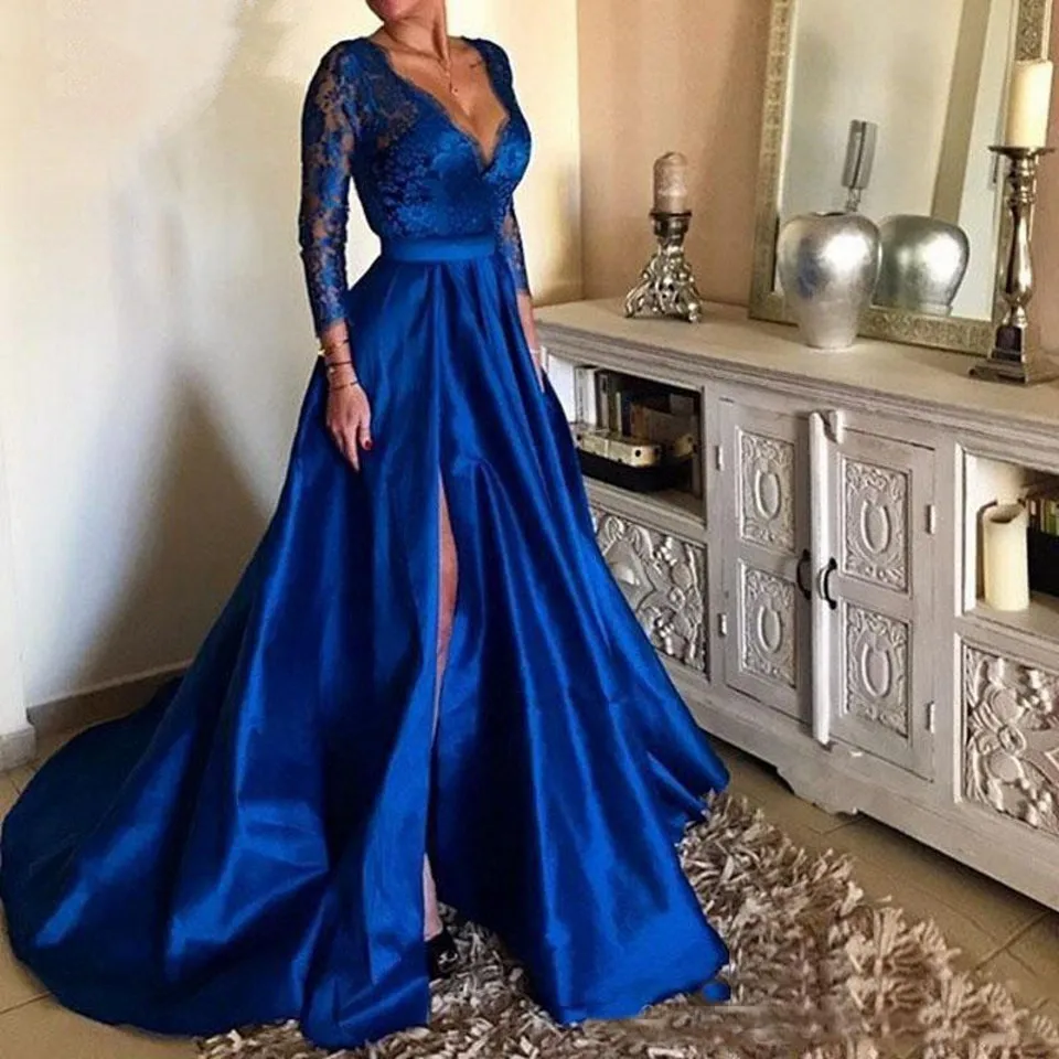 Royal A-Line Evening Dresses Women Formal Party Appliques Lace Vestido De Gala Elegant Long Sleeves V-Neck Split Side Prom Gowns