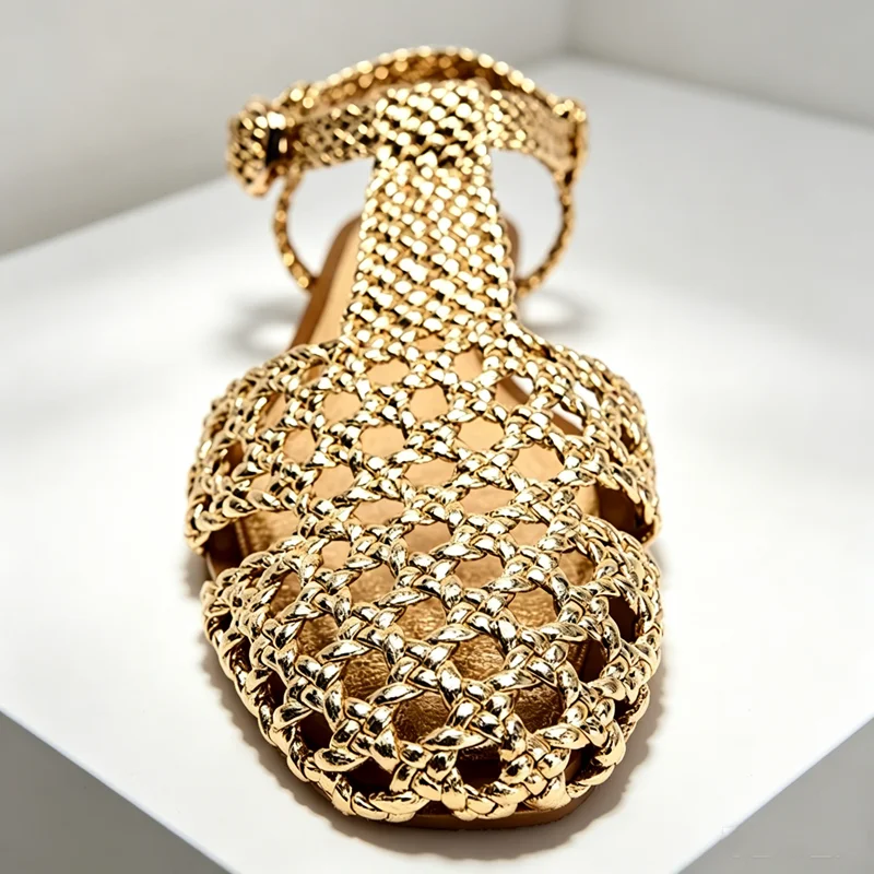 Złote, tkane sandały na płaski – Mesh Strap Metal recenzja i cena