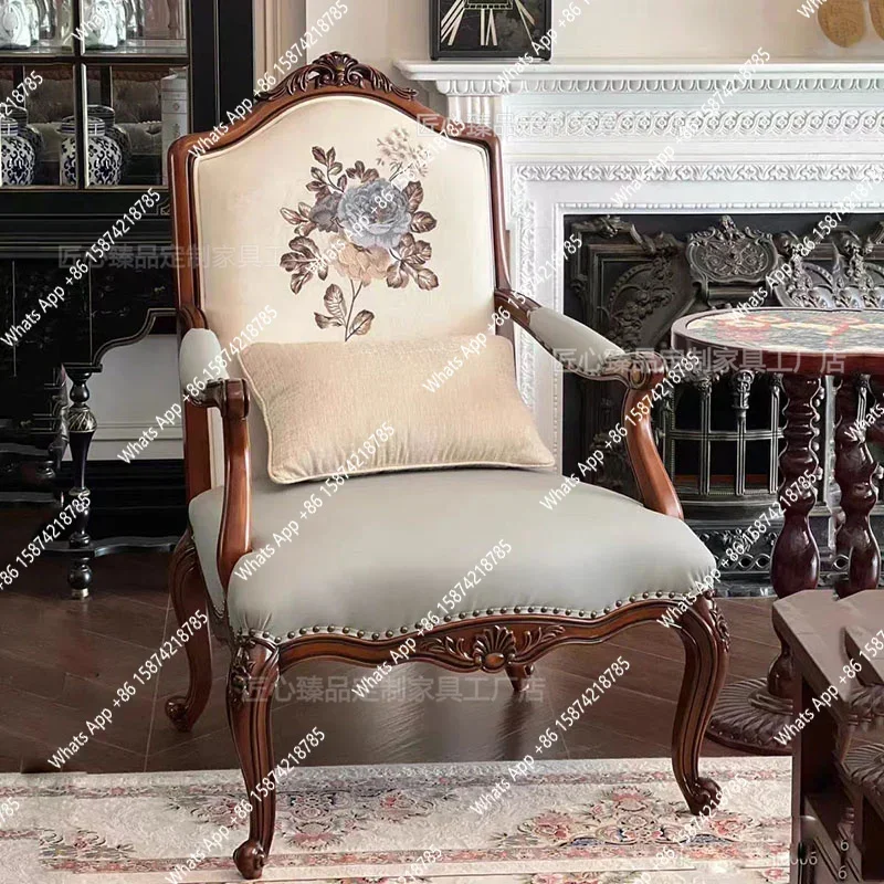 XX YX American Retro Solid Wood Single Sofa, Living Room Leather Fabric Leisure Chair, Bedroom Study Engraved Armchair