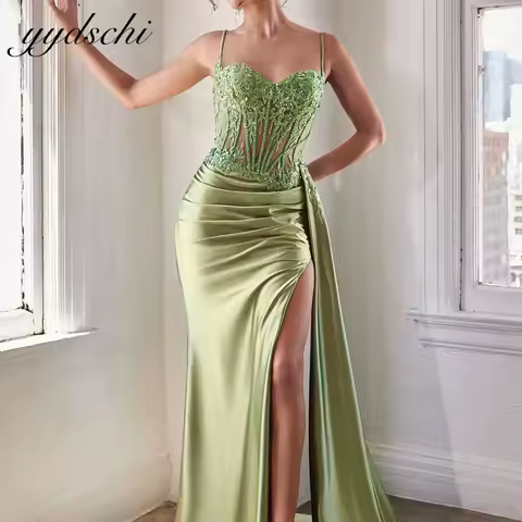 Customized Elegant Spaghetti Strap Birthday Party Dress High Slit Satin Appliques Prom Dress For Woman Plus Size Evening Gowns