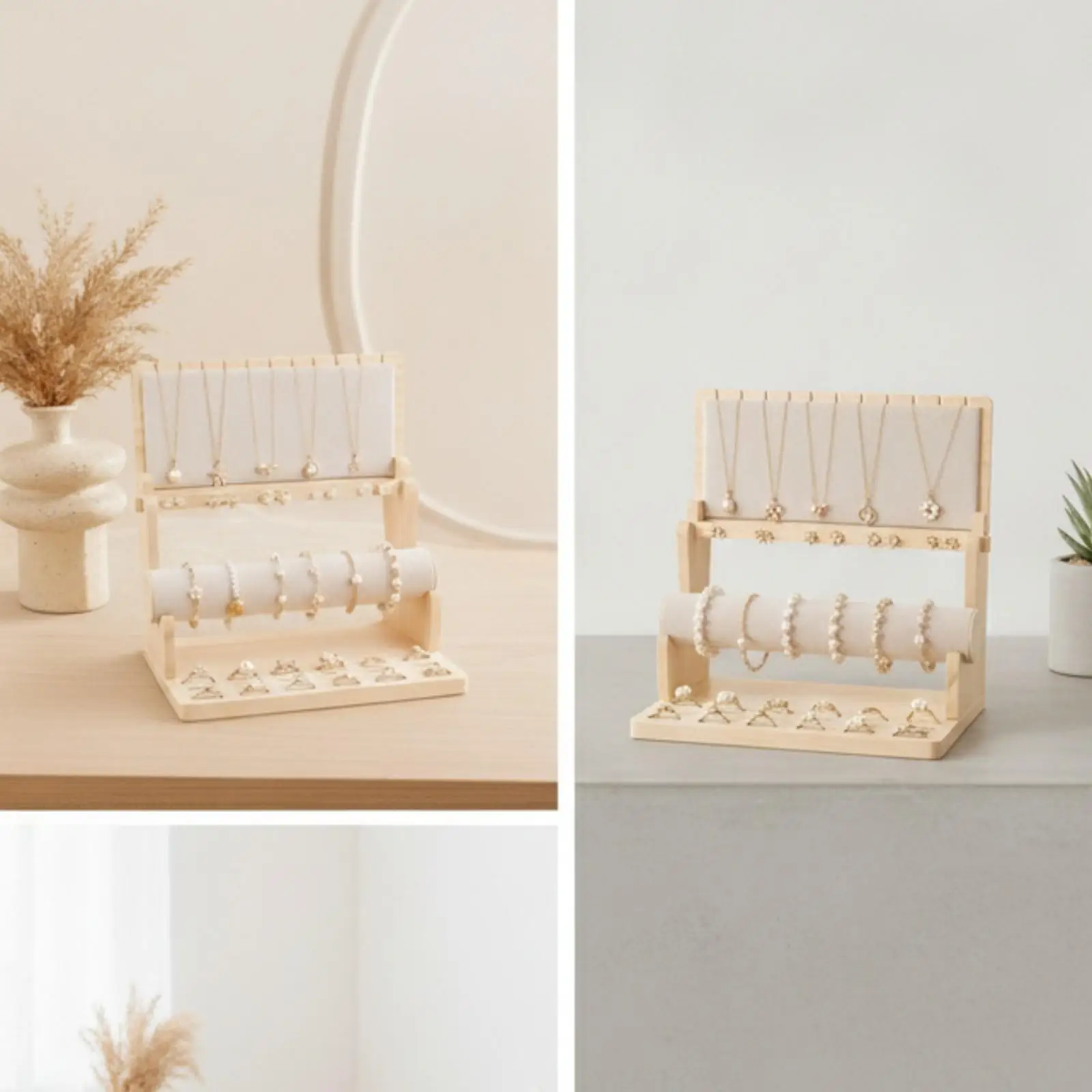 Wooden Jewelry Display Rack Tabletop Organizer with Beige Flocking Fabric for Necklace Bracelet Earring Ring Watch Storage