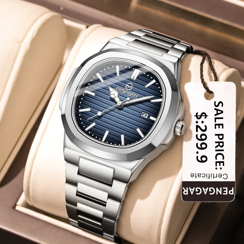 

PENGAGAR Luxury Watch 2024 New Business Waterproof Male Clock Luminous DateStainless Steel Square Quartz Men Watch reloj hombre