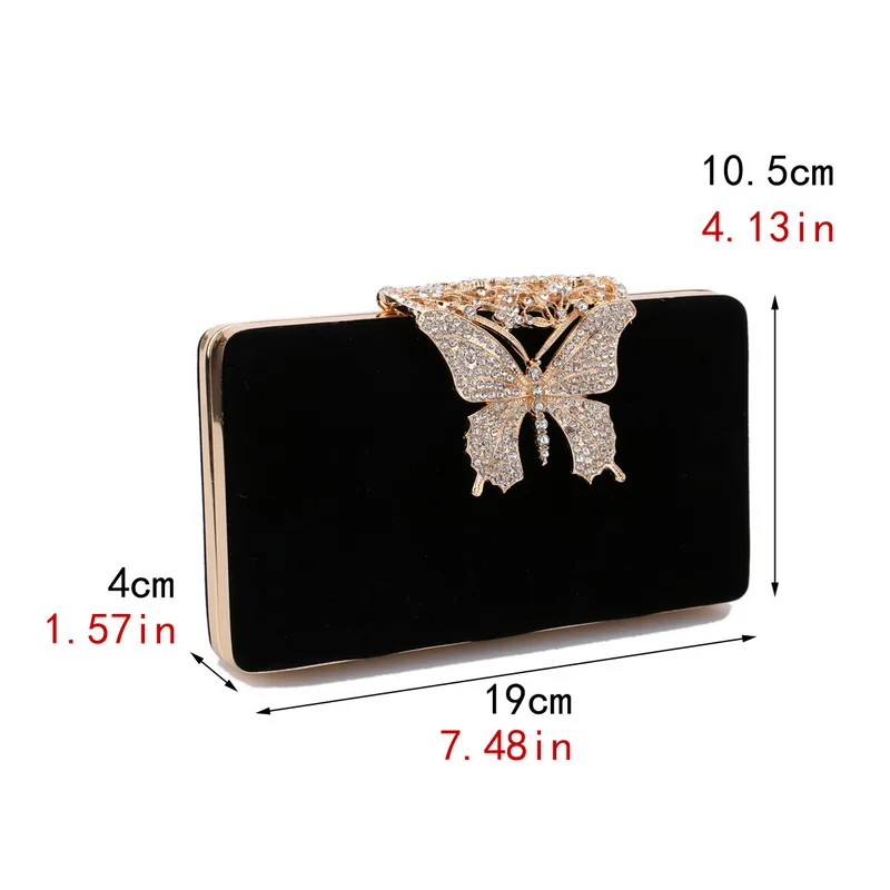 Metal Golden Butterfly Design Day Clutch Flap Phone Pocket Purse With Chain Shoulder Velvet Diamonds Evening Bags