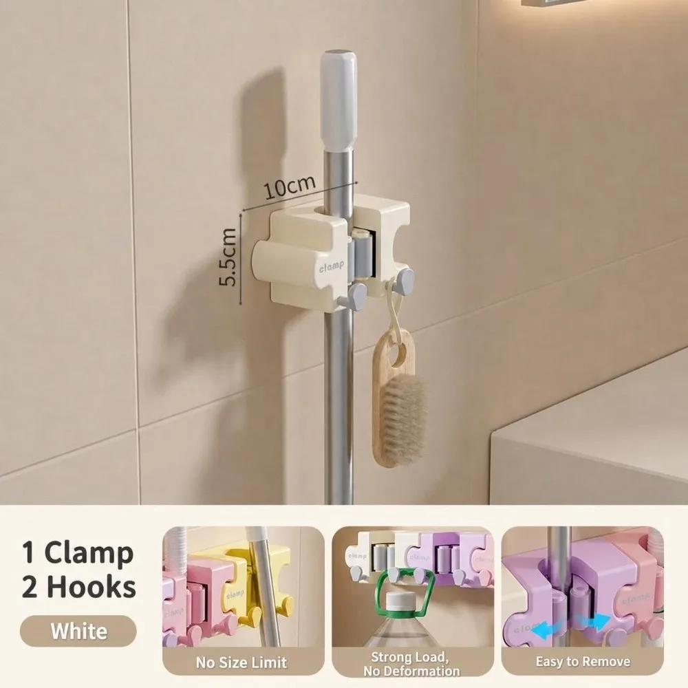 Creative Macaron Mop Holder Puzzle Splicing Self‑Adhesive Broom Storage Clip with Hooks Wall‑Mount Mop Clip for Kitchen Bathroom