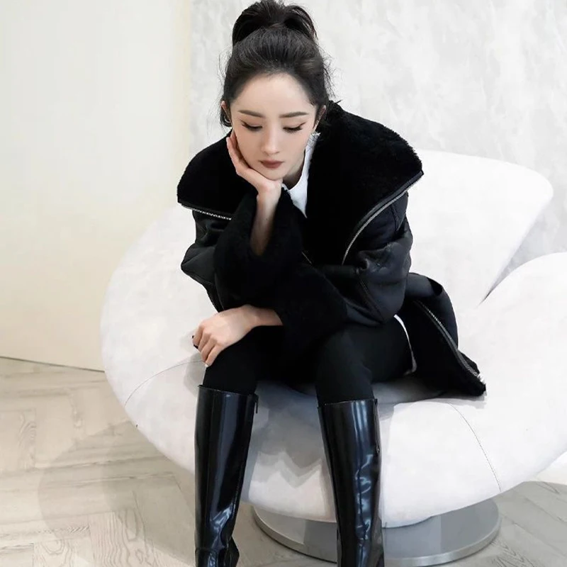 Koreanische Nachahmung Lammfell Langarm Pelz Einteilige Jacke frauen Mantel Winter Neue Warme Lose Motorrad Kragen Leder mantel