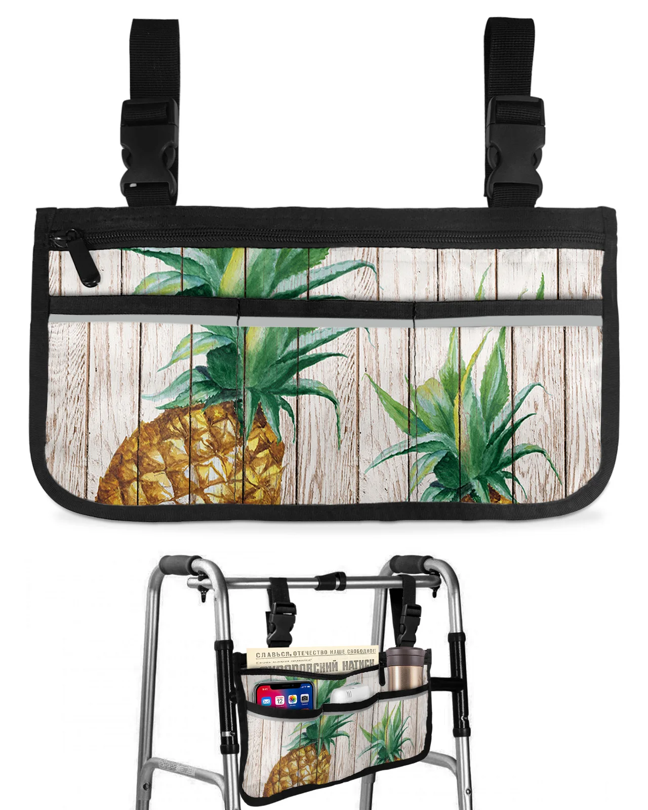 Vintage Wood Grain Tropical Fruit Pineapple Wheelchair Bag Armrest  Side Bags Electric Scooter Walking Frame Storage Pouch