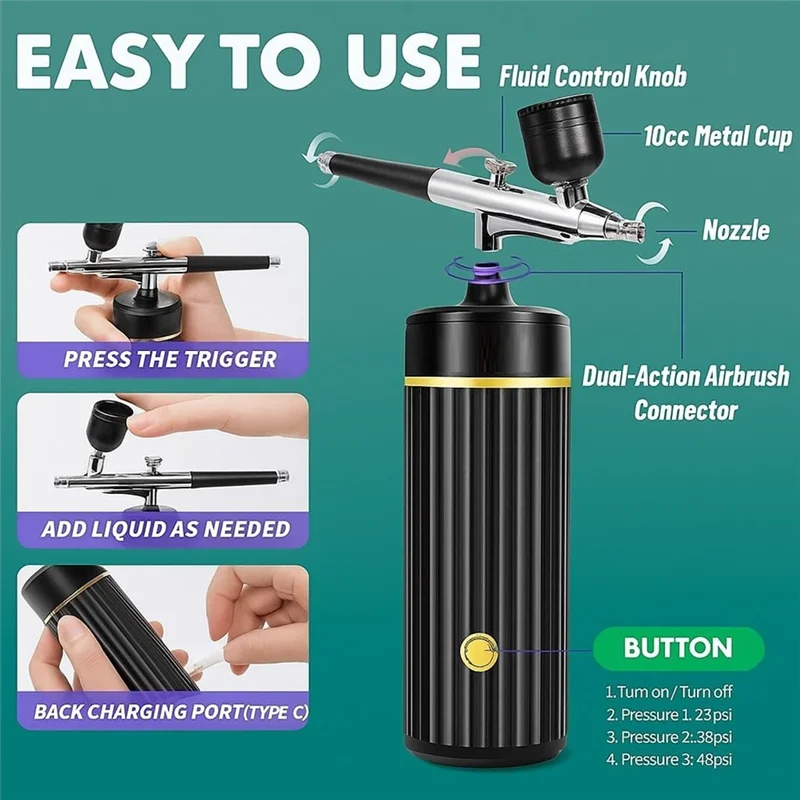Conjunto de aerógrafo sem fio MOPHE, compressor recarregável 48 PSI, kit de aerógrafo portátil para unhas, maquiagem, arte