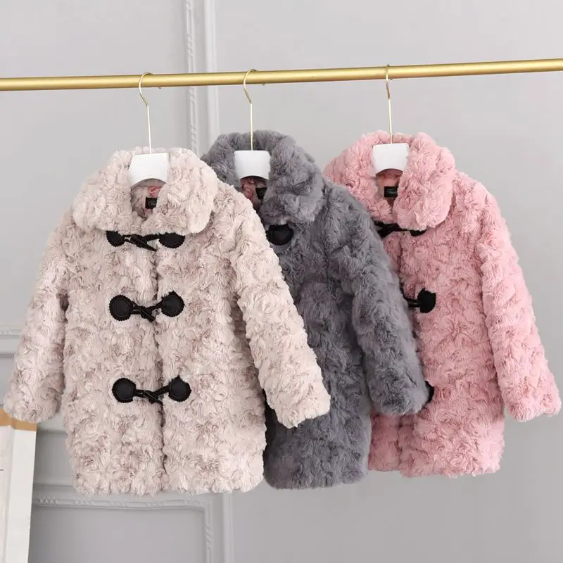 Girls Thickened Warm Coat 2024 New Children Stylish Autumn and Winter Top Girls Cow Horn Button Lamb Wool Coat