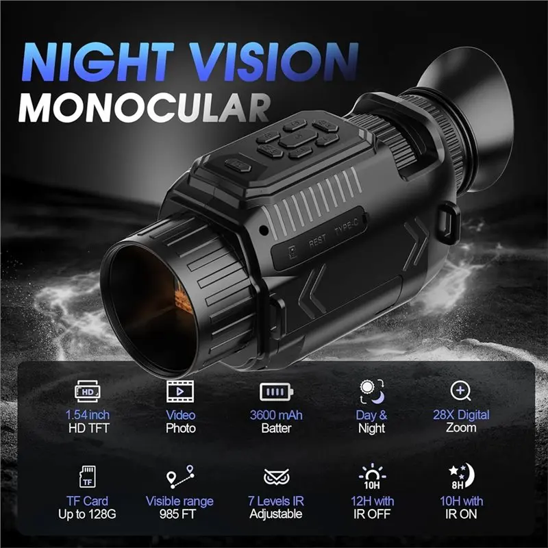 ABHQ-WIFI أحادي العين للرؤية الليلية بدقة 4K مع عدسة ماكرو بالأشعة تحت الحمراء بدقة 68 ميجابكسل وتكبير رقمي 28X وبطاقة ذاكرة 32 جيجا