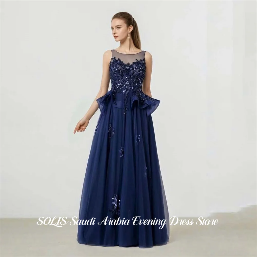 

SOLIS Navy Blue Prom Dress Round Neck Celebrity Dress Sleeveless Women's Evening Dress Sequins Embroidery Formal Gown Customized