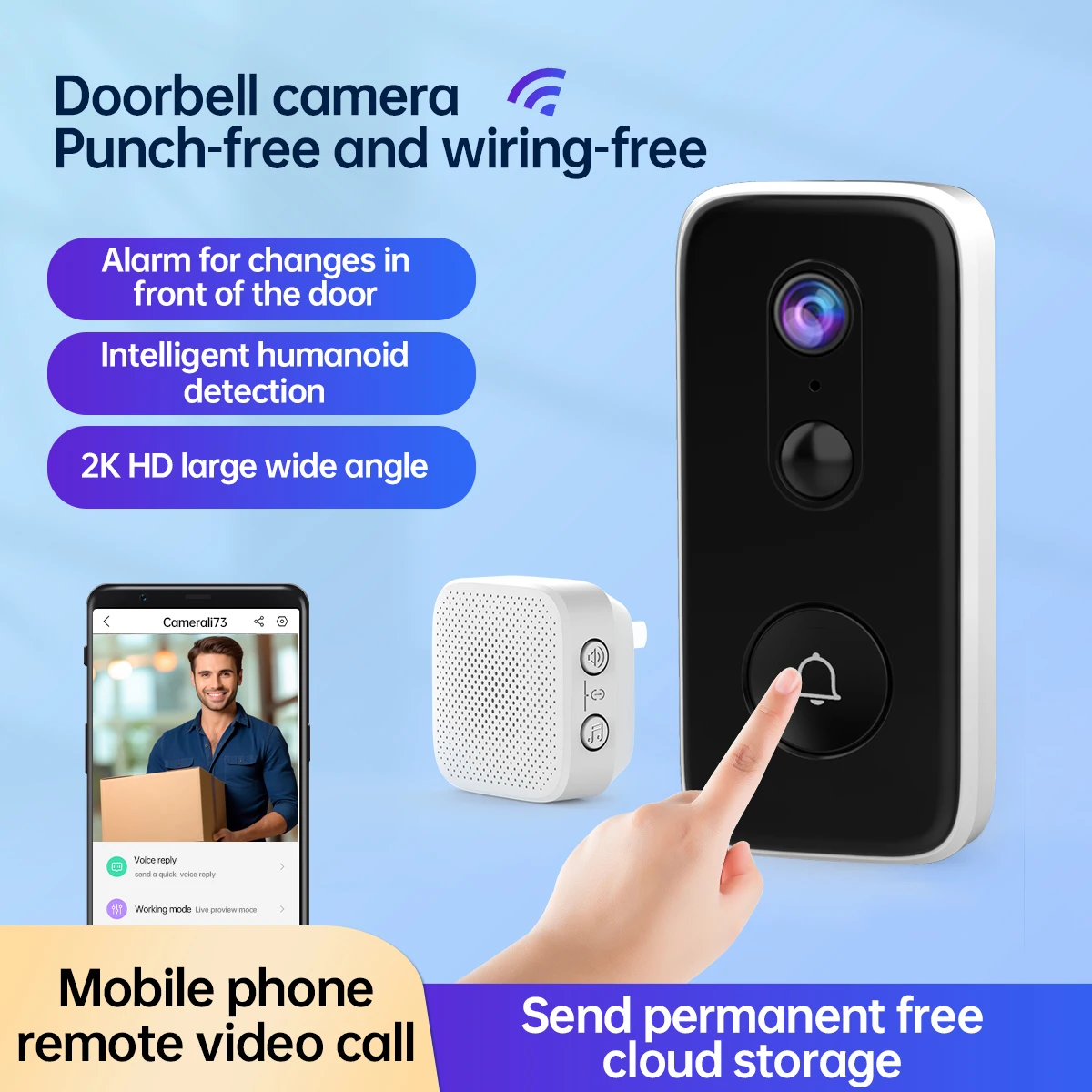 3MP HD WiFi Video Doorbell Camera Night Vision Smart Home Security HD DoorBell Two Way Intercom Rechargeable Security Doorbell