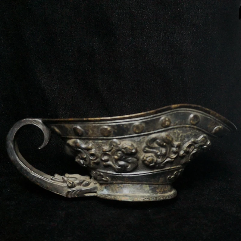 YIZHU CULTUER ART Size 18 × 7.6 cm Old Chinese Bronze Carving Dragon Beast Statue cup wine glass Decoration