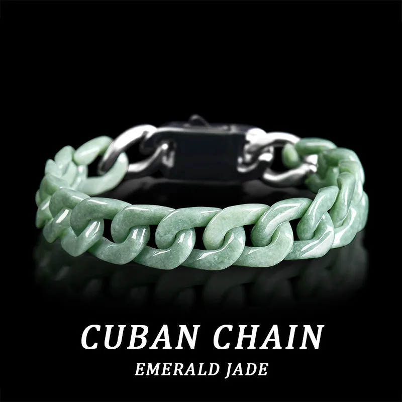 

TIEMSWIND Natural A-Type Jade Green Cuban Chain Bracelet Titanium Steel Hip Hop Style Personalized Men Jewelry