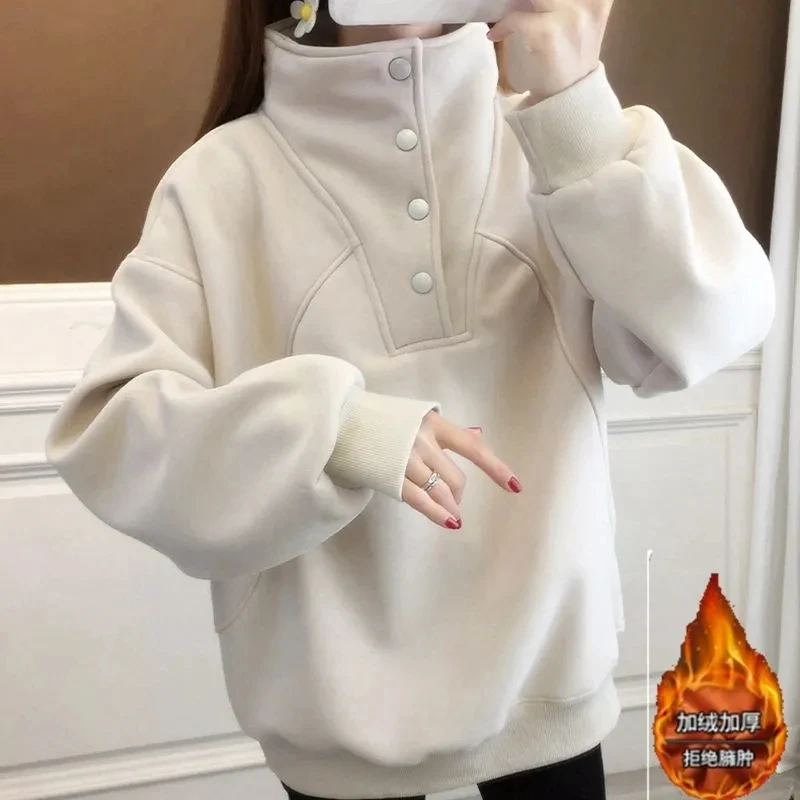 

High Neck Sweatshirt Womens Clothing 2023 New Plush Thicken Warm Winter Sweater Loose Korean Casual Female Coat Top