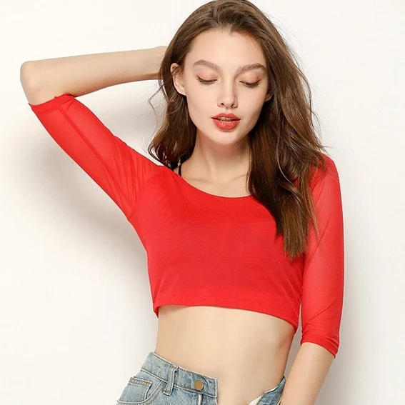 

Женская кружевная блузка с коротким рукавом, сетчатая, приталенная, с круглым вырезом, цветная, весна-лето, модная новинка