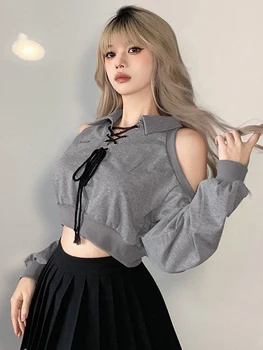 Zoki Felpa corta da donna Y2K sexy streetwear con spalle scoperte top gotici autunno coreano manica lunga Harajuku pullover grigio nuovo