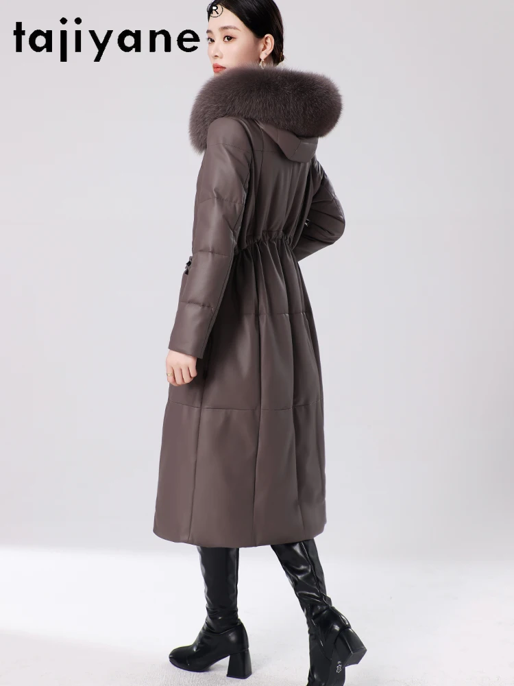 TAJIYANE-abrigo de piel de oveja para mujer, chaqueta larga ajustada con capucha de cuero genuino, abrigos con cuello de piel de zorro, ropa de invierno para mujer 2025
