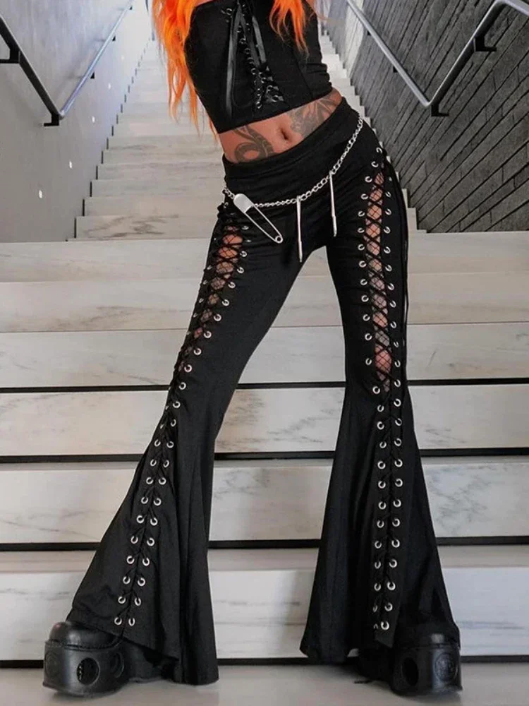 Gothic Bandage Cut Out Pants Black Clothes for Women Cyber Punk Lace Up High Waist Flare Pants Dark Academia