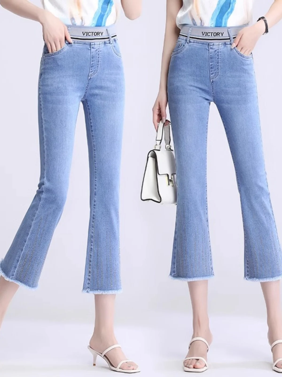 

Новые женские джинсы 2024, летние тонкие брюки с девятью точками, свободная талия, утягивающие микро-расклешенные брюки с высокой талией, светлый цвет, весемнадцать...