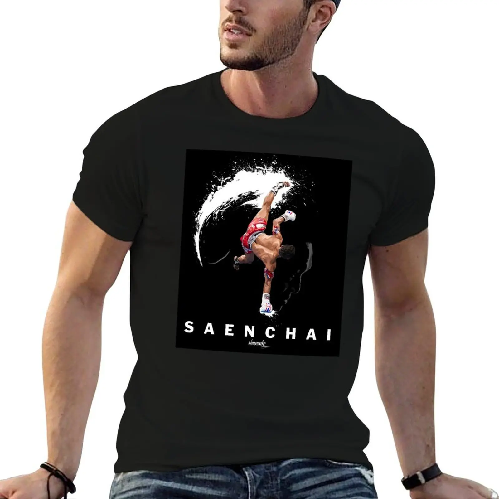 Saenchai Muaythai White/Black Artwork by Shunsuke T-Shirt Blouse customs boys animal print anime t shirts plus size men clothing