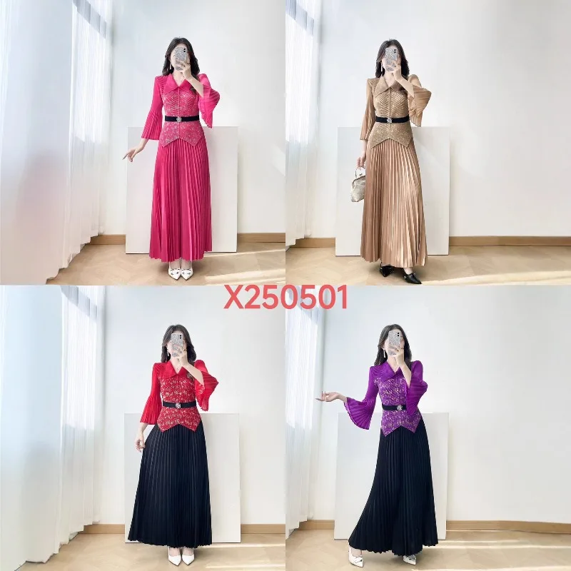 بدلة نسائية مياكي بطيات 2026 موضة أوروبية جديدة ختم الخصر بلوزة رقيقة مزاجه أنيقة Plisse نصف تنورة 2 مجموعات