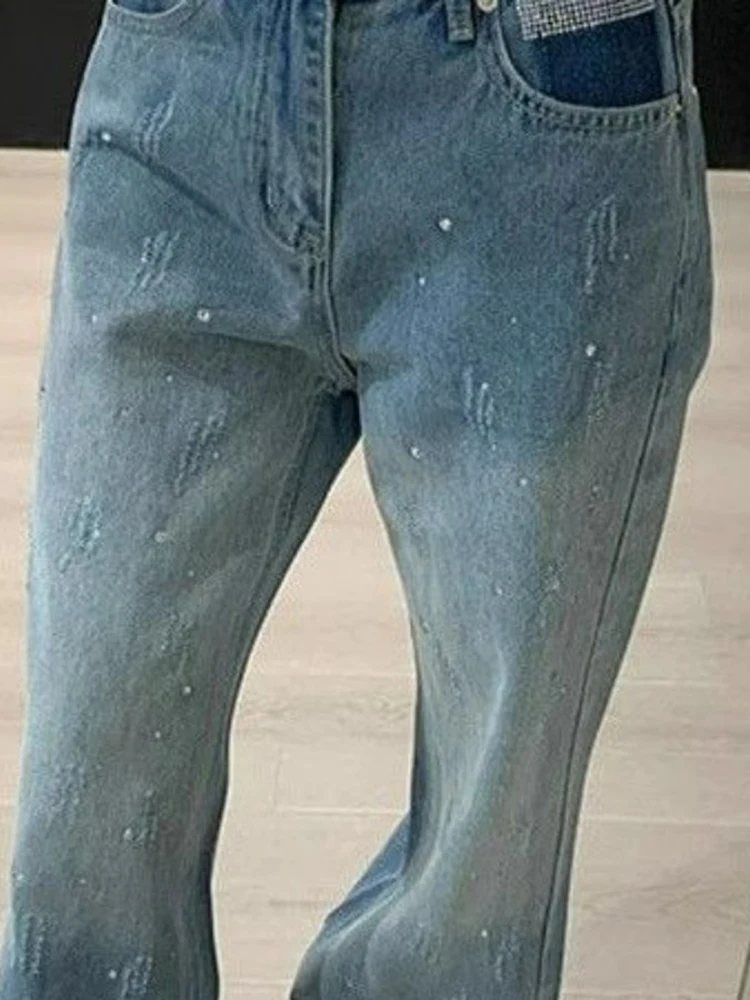 여성 한국 스타일 하이웨이스트 라인스톤 스트레이트 레그 진 레트로 슬림핏 스트레치 데님 팬츠 가을 스트릿웨어
