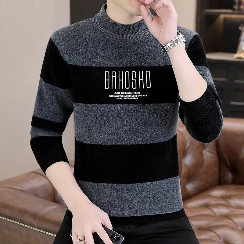 Fashion Stand Collar Spliced Letter Striped Sweaters Men's Clothing 2024 Autumn Winter New Loose Casual Pullovers Korean Tops