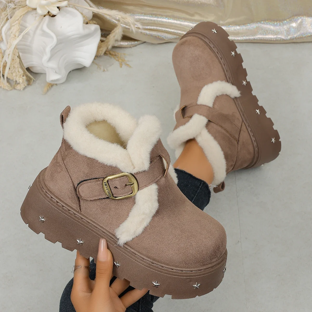 Women Snow Boots 2026 New Non-slip Flat Cotton Shoes Faux Fur Thick Sole Shoes Woman Warm Plush Lined Platform Ankle Boots Women