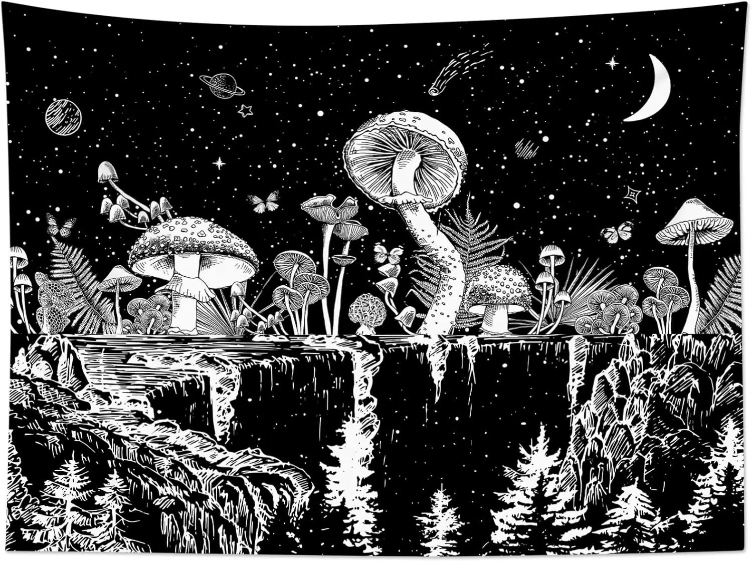 Black and White Mountain Tapestry Nature Moon Forest Mushroom Galaxy Stars Tapestry for Bedroom Aesthetic Wall Art Decor for