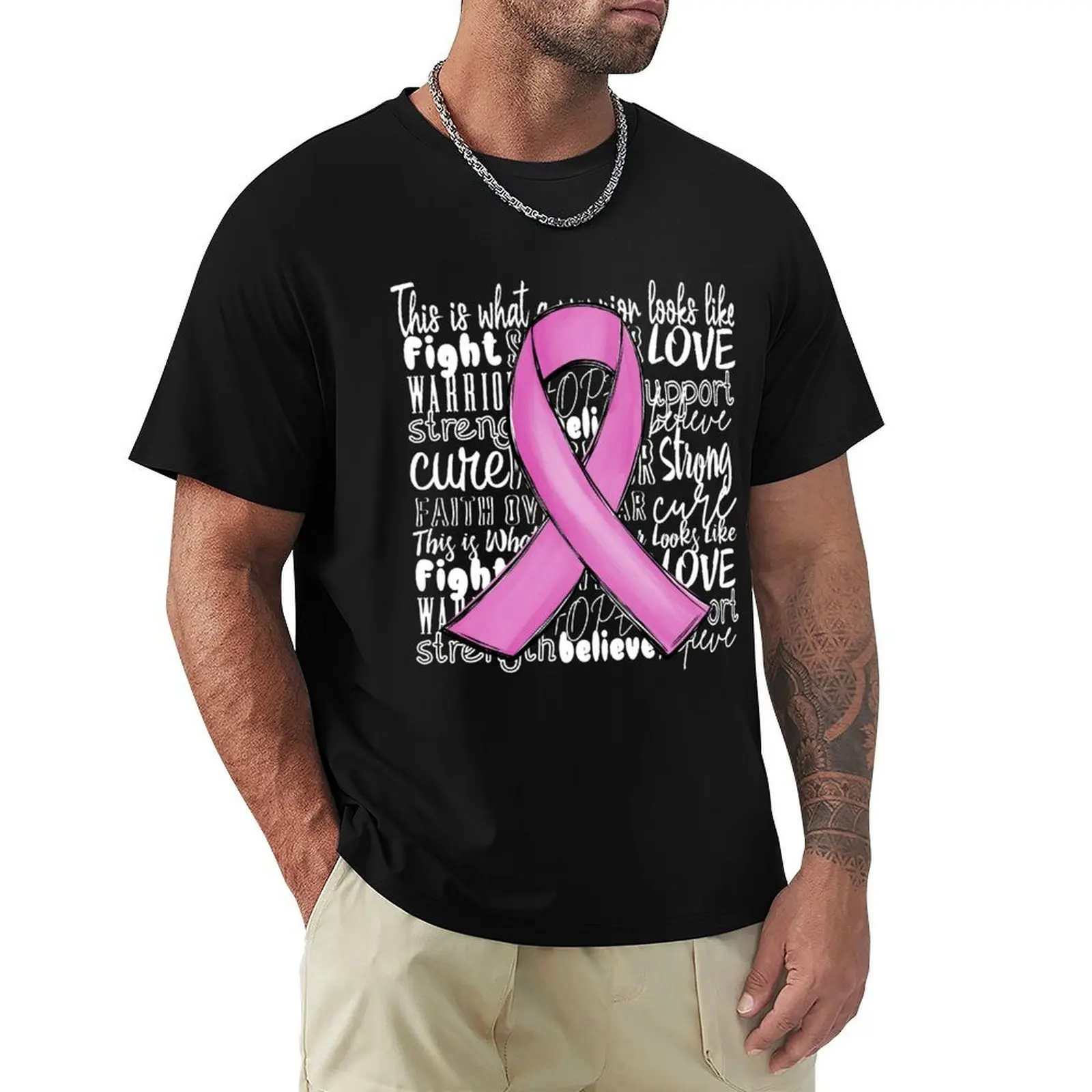 Breast Cancer Awareness Cure Ribbon Hand Drawn T-Shirt Casual Fashion Short Sleeve Cotton T-Shirt