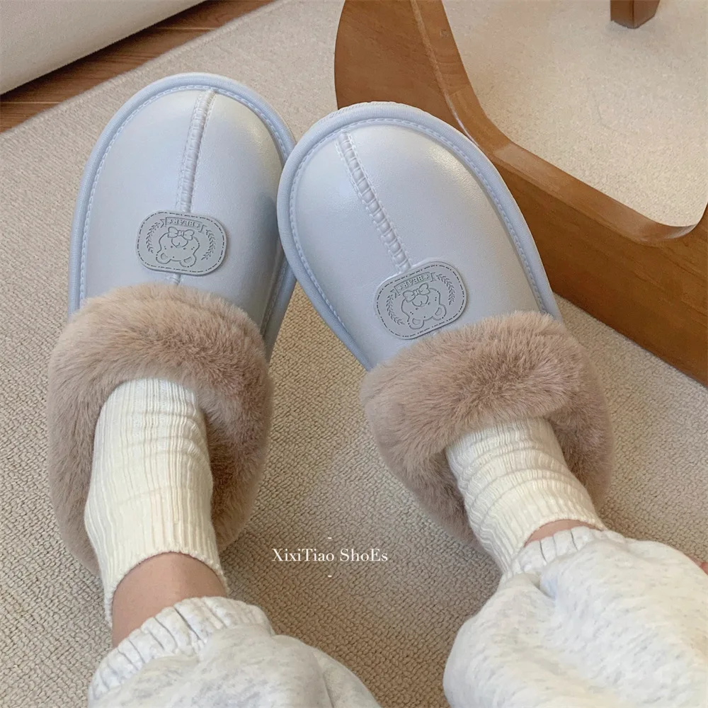 Fashion indoor outdoor wear fleece warm comfortable cotton slippers plush soft sole simple waterproof home shoes women's winter