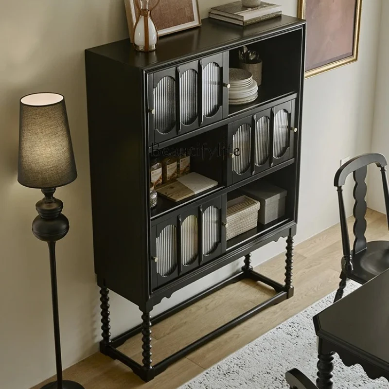 

03.American solid wood high-footed dining side cabinet French black high-end living room storage bookcase