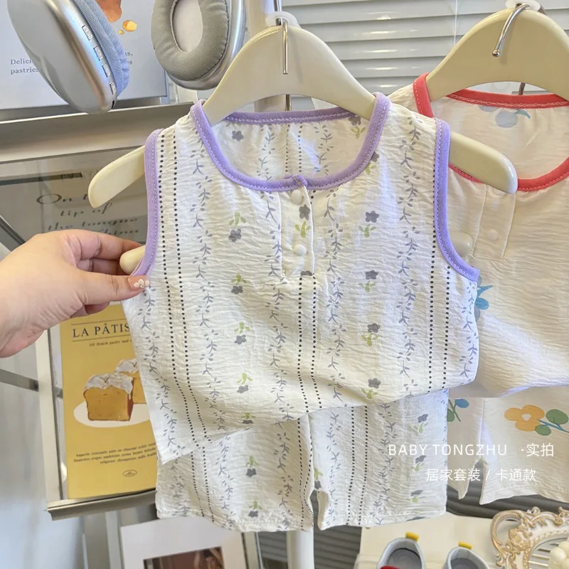 Summer Children's Vest Two-Piece Set Boys Girls Shorts Short Sleeve Set Baby Home Wear Toddler Set Kids Sleeveless Two-Piece Set