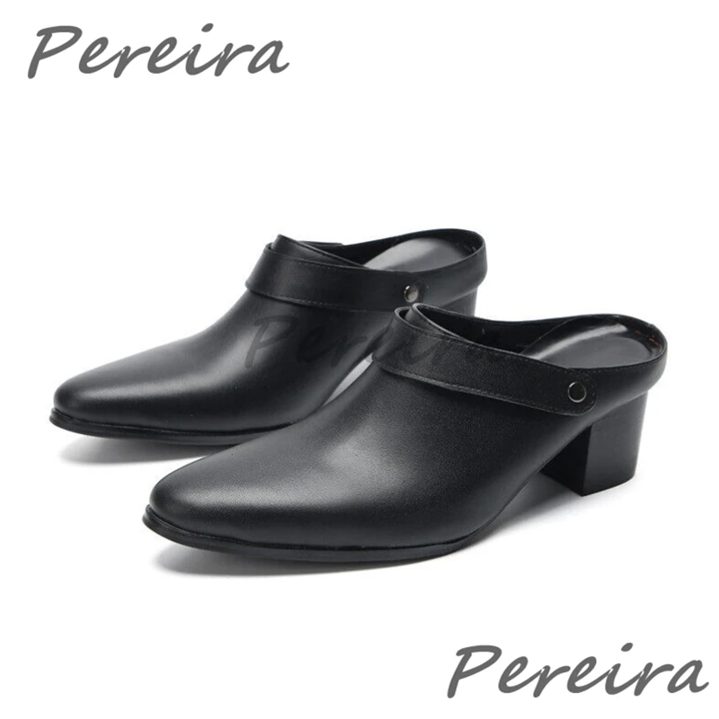 

Summer New Men's Black Genuine Leather Sandals British Pointy Toe Slip-On Mules Handmade Comfortable High Heel Half Slippers