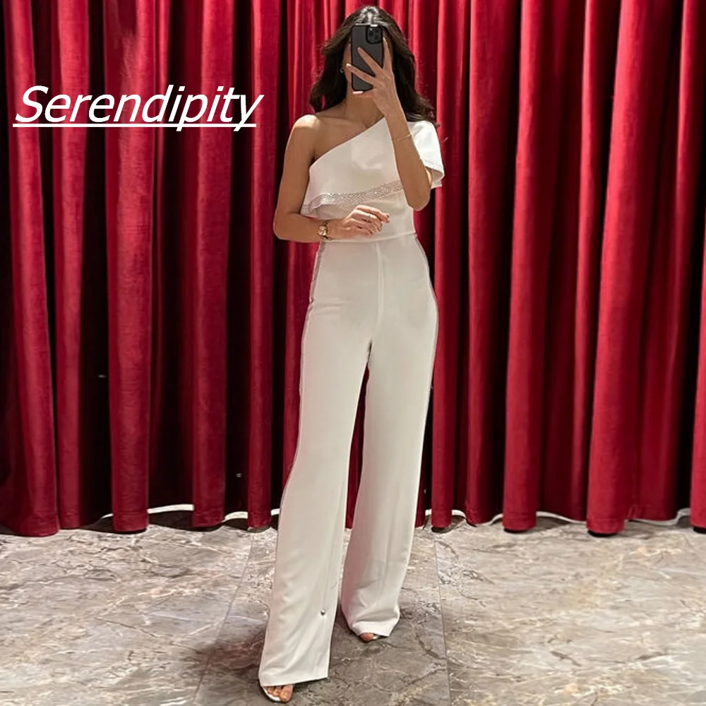 Serendipity One-shoulder Empire Ankle-Length RuffleRibbonBandZipperUp CapStraps Sleeveless Elegant Woman Formal Trouser Dress