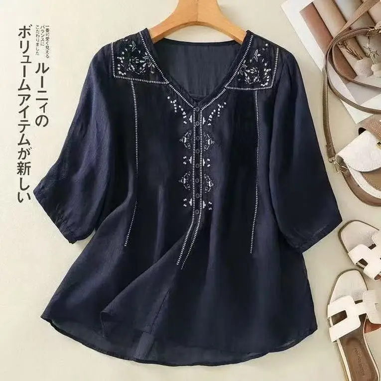 เสื้อย้อนยุค V คอปักฤดูร้อนหลวมวรรณกรรมเสื้อด้านบน