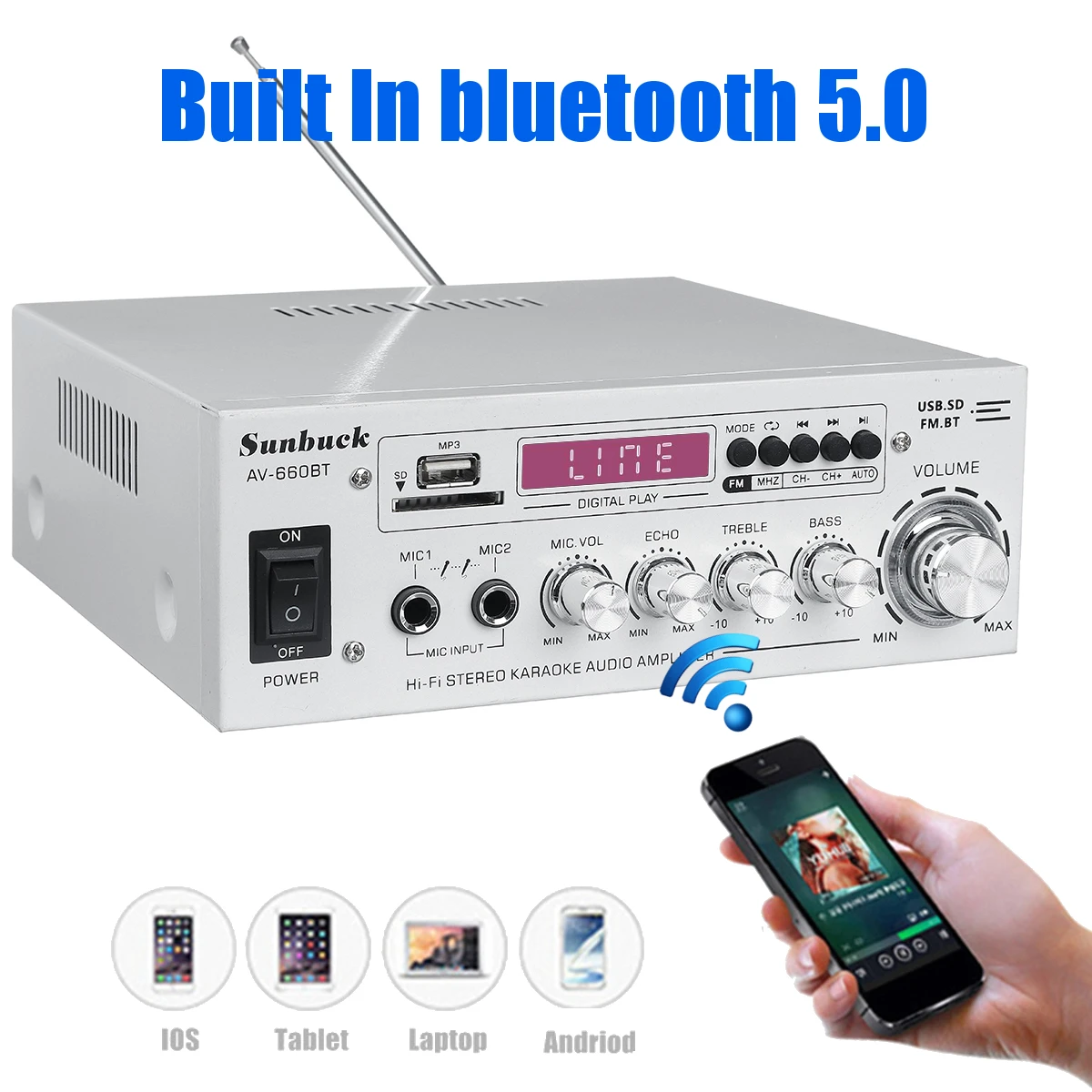 2000W Car Home 2CH bluetooth 5.0 Audio Power Amplifier EQ Stereo AMP AUX USB FM Radio White