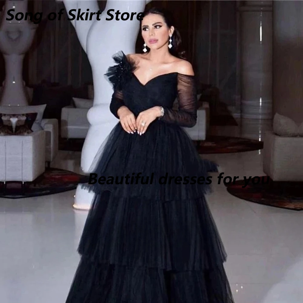 Black Formal Prom Dresses for Woman Customized Off The Shoulder V-Neck Long Sleeve A Line Tulle Tiered Floor Length Party Dress