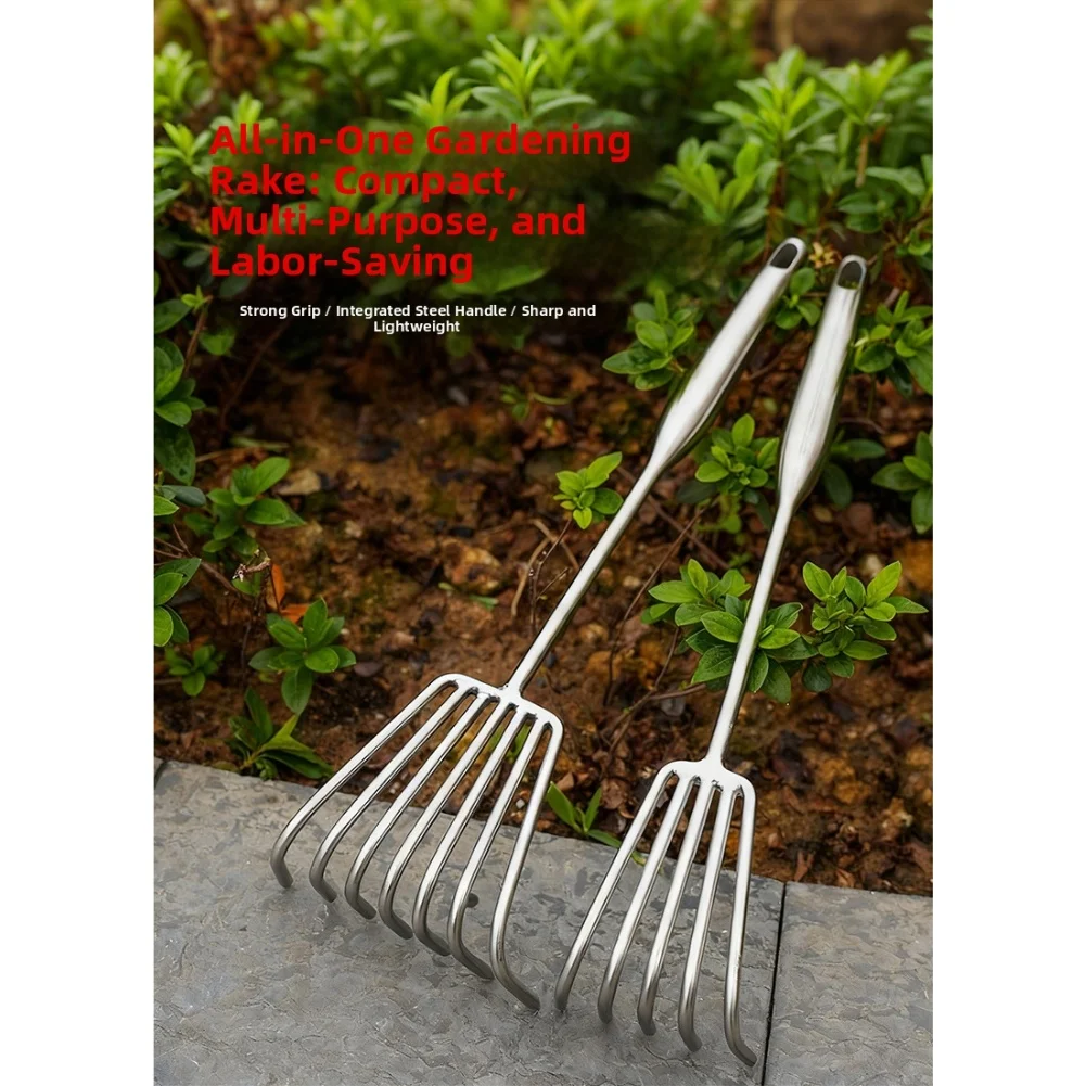Stainless Steel Garden Welded Rake Integrated Steel Handle Small Rake Gardening Multi-claw Soil Rake Garden Soil Raking Tool
