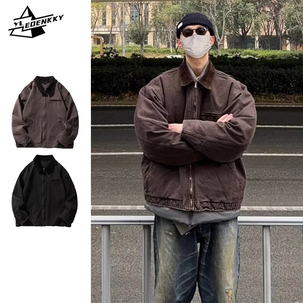 

American Cargo Jacket Men Women Detroit Lapel Loose Baseball Coat Vintage Washed Bomber Jacket Spring Autumn Unisex Cargo Tops