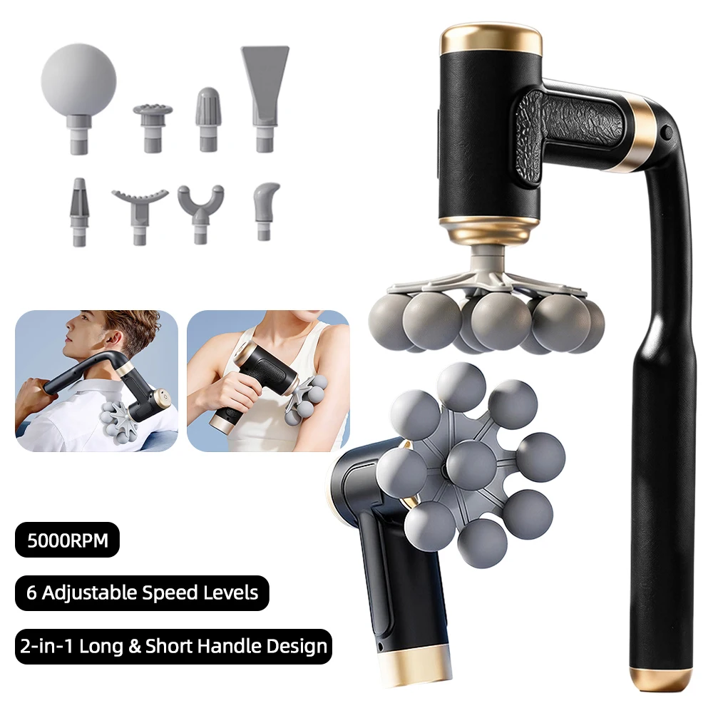 2-In-1 Long Short Handle Fascia Gun 9 Heads Deep Tissue Percussion Massage Gun For Muscle Relaxation Shoulder Waist Back Body