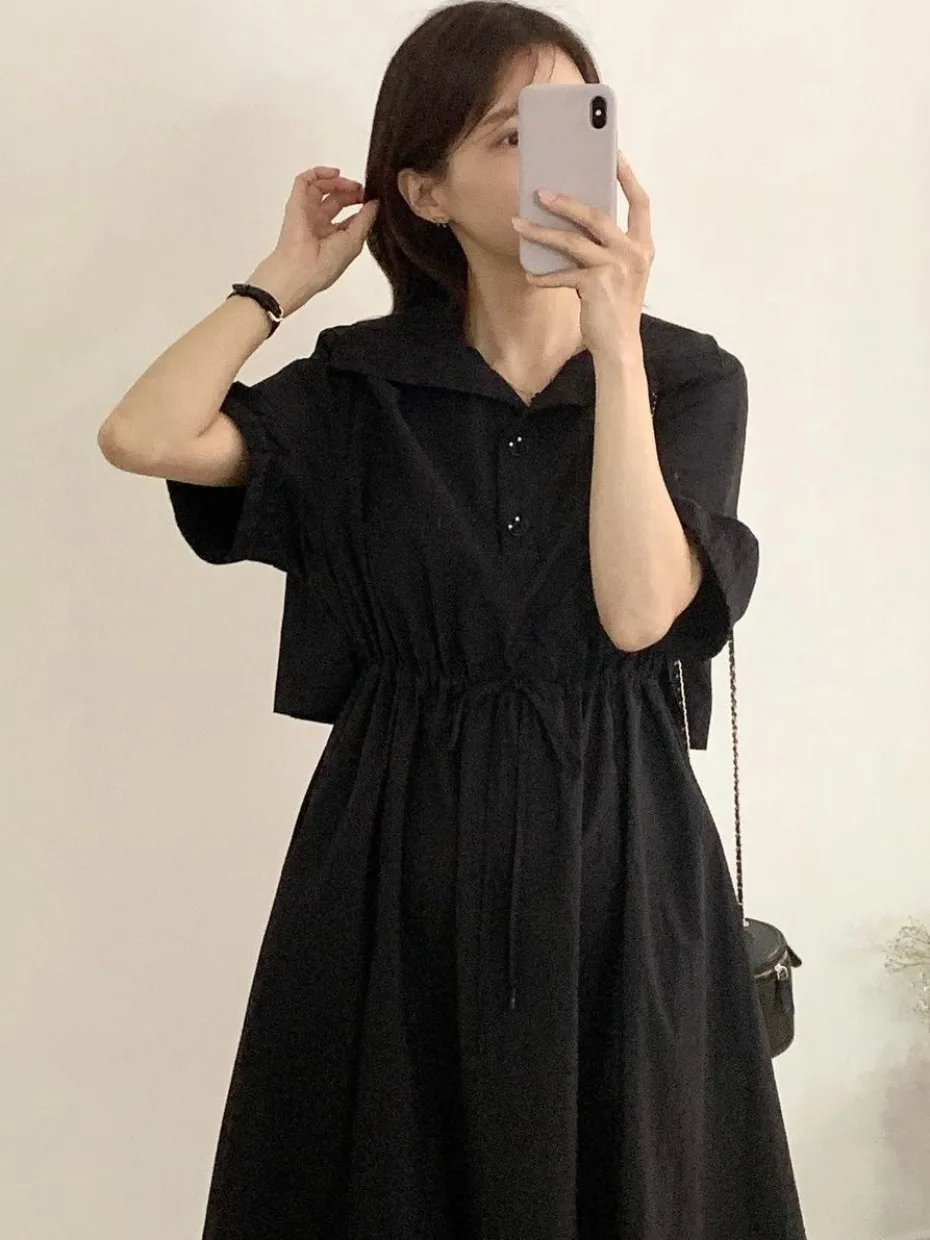 Ele Lungo al ginocchio Dstring Colletto in vita Dr Chic Summer Dongda Gate Sle Midi da donna Dr Chic Summer Dr