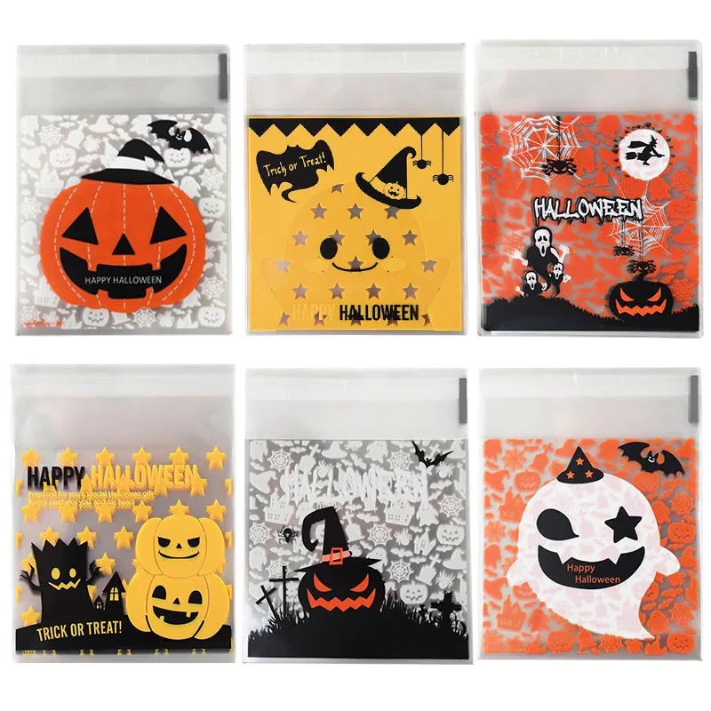 50/100 stücke Halloween Süßigkeiten Tasche Fledermaus Hexe Spinne gedruckt Geschenk Keks taschen Kekse Plastik verpackung Taschen Halloween Party liefert