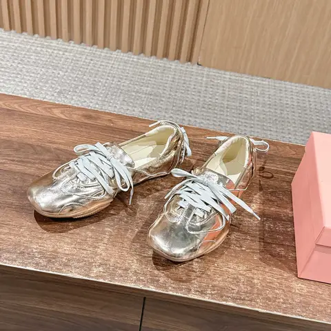 Flat Women's Gold Lace-up Leather Shoes Ballet Flat Sneaker Sole Lace-up Details On Both The Front And Back