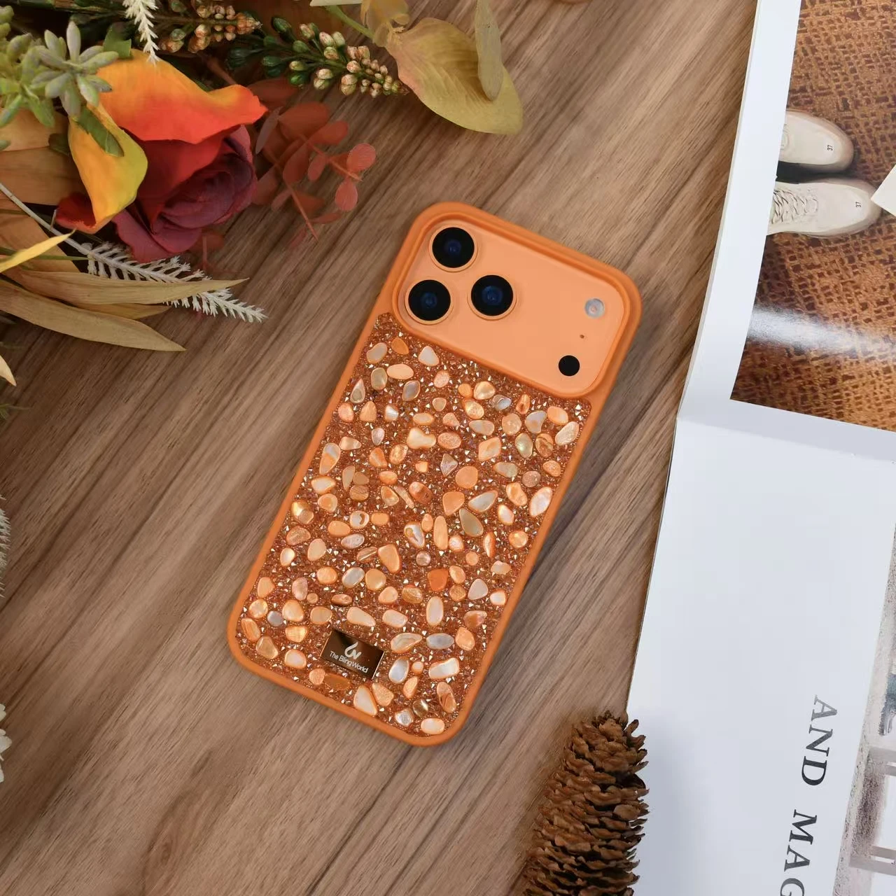 

The Bling World Luxury 3D Orange Stone Case for iPhone 17 16 15 14 Pro Max Shiny Rhinestone Crystal Inlaid Women Soft TPU Cover