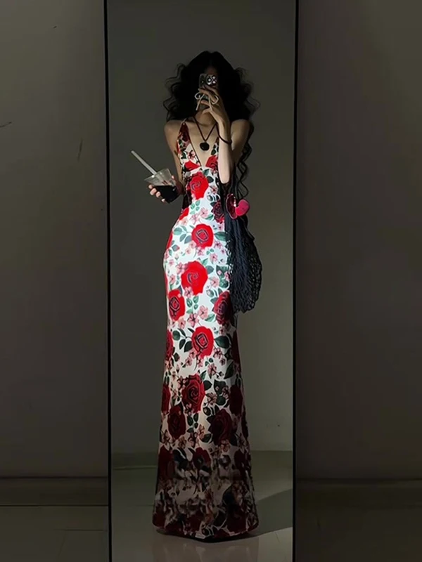 Rétro Rose imprimé sangle longue Dr minceur haute Ne Sexy Bal plage Vaion Dr été coton tricoté Maxi robe